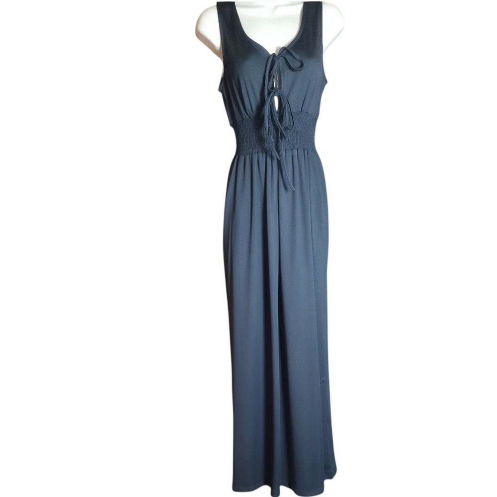Womens Black Smocked Waist Wide Leg Jumpsuit Sleeveless Pockets Front Tie S